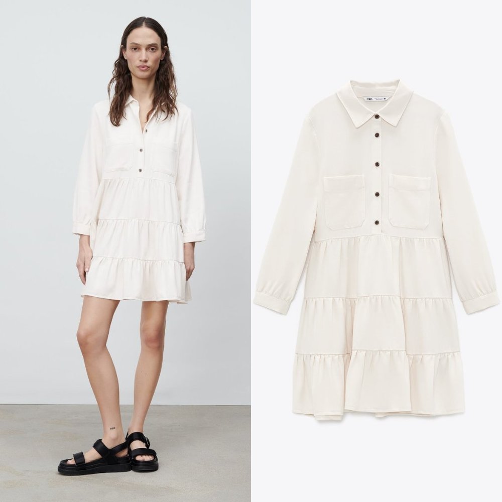 ZARA Women's Size Small Beige Ruffled Tiered Short Mini Dress Long Sleeves Tunic